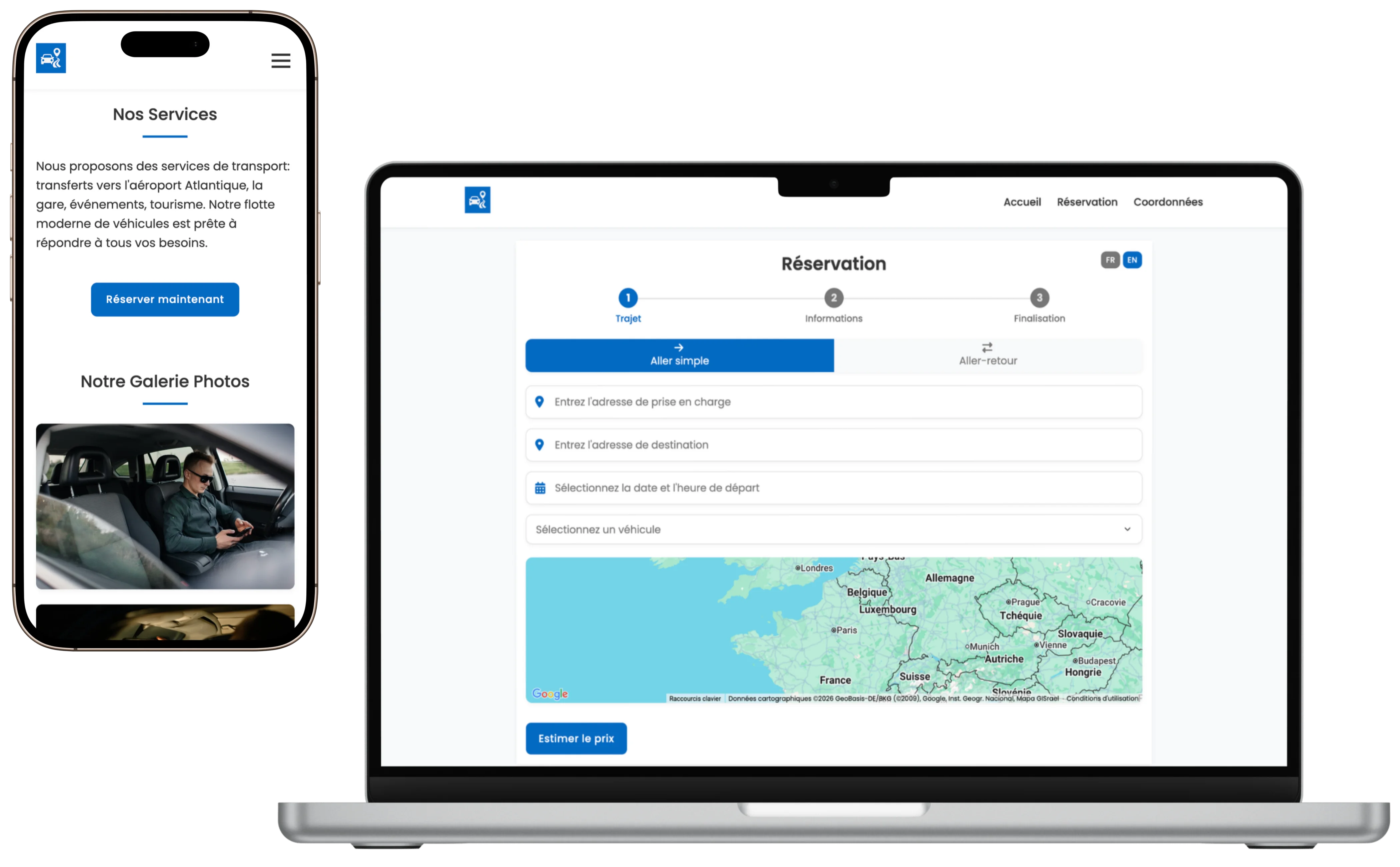 Site internet vitrine VTC fourni avec le module, page Nos Services sur mobile et formulaire de réservation avec carte sur ordinateur